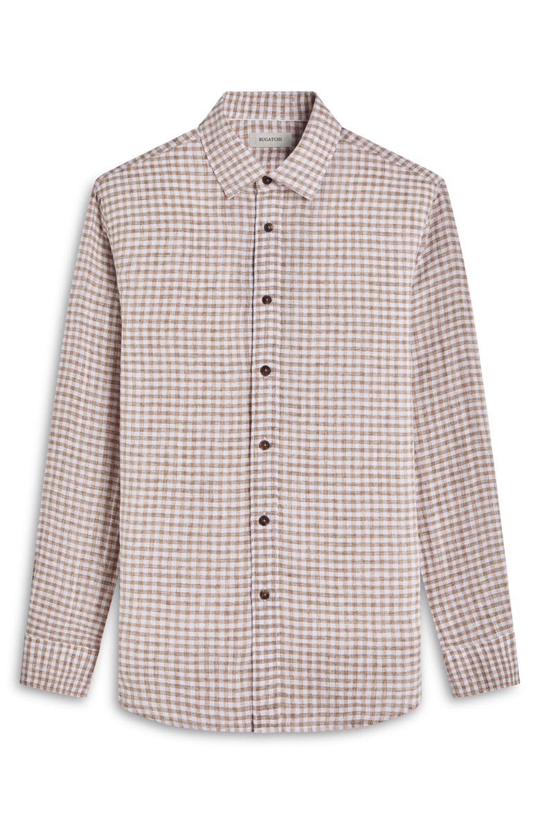 Bugatchi Karl Shaped Fit Gingham Check Linen Button-Up Shirt, Alternate, color, Olive