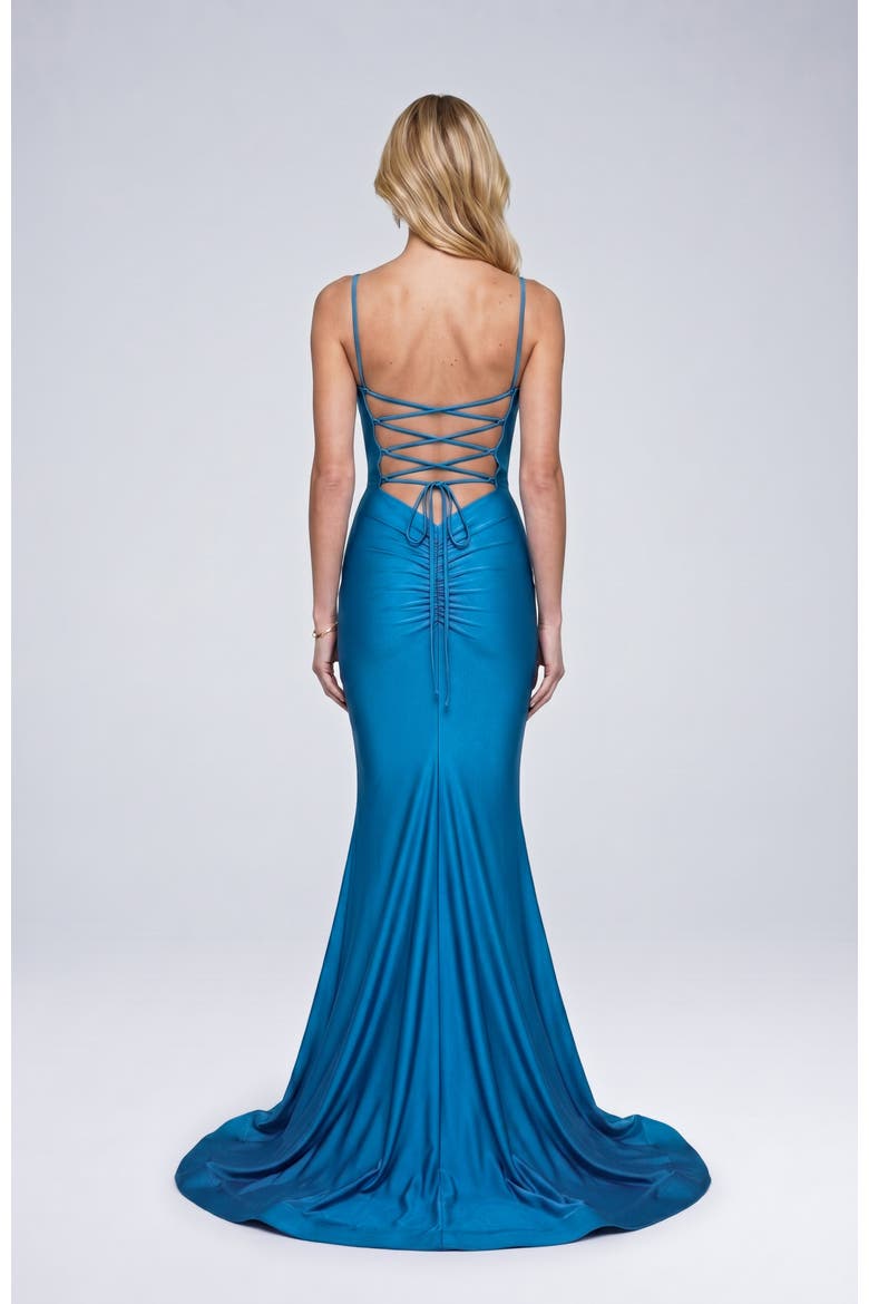 Cowl Neck Lace-Up Open Back Mermaid Gown, Alternate, color, Turquoise