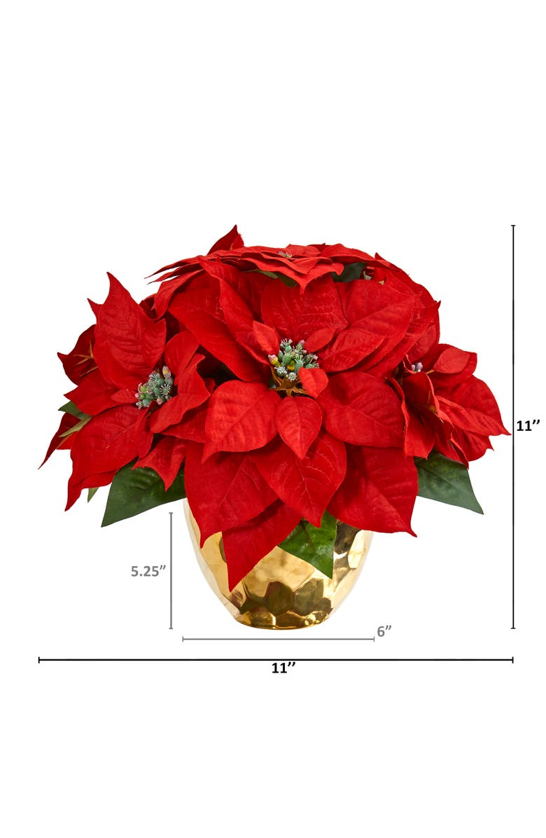 NEARLY NATURAL Poinsettia Artificial Arrangement in Golden Vase, Alternate, color, Red