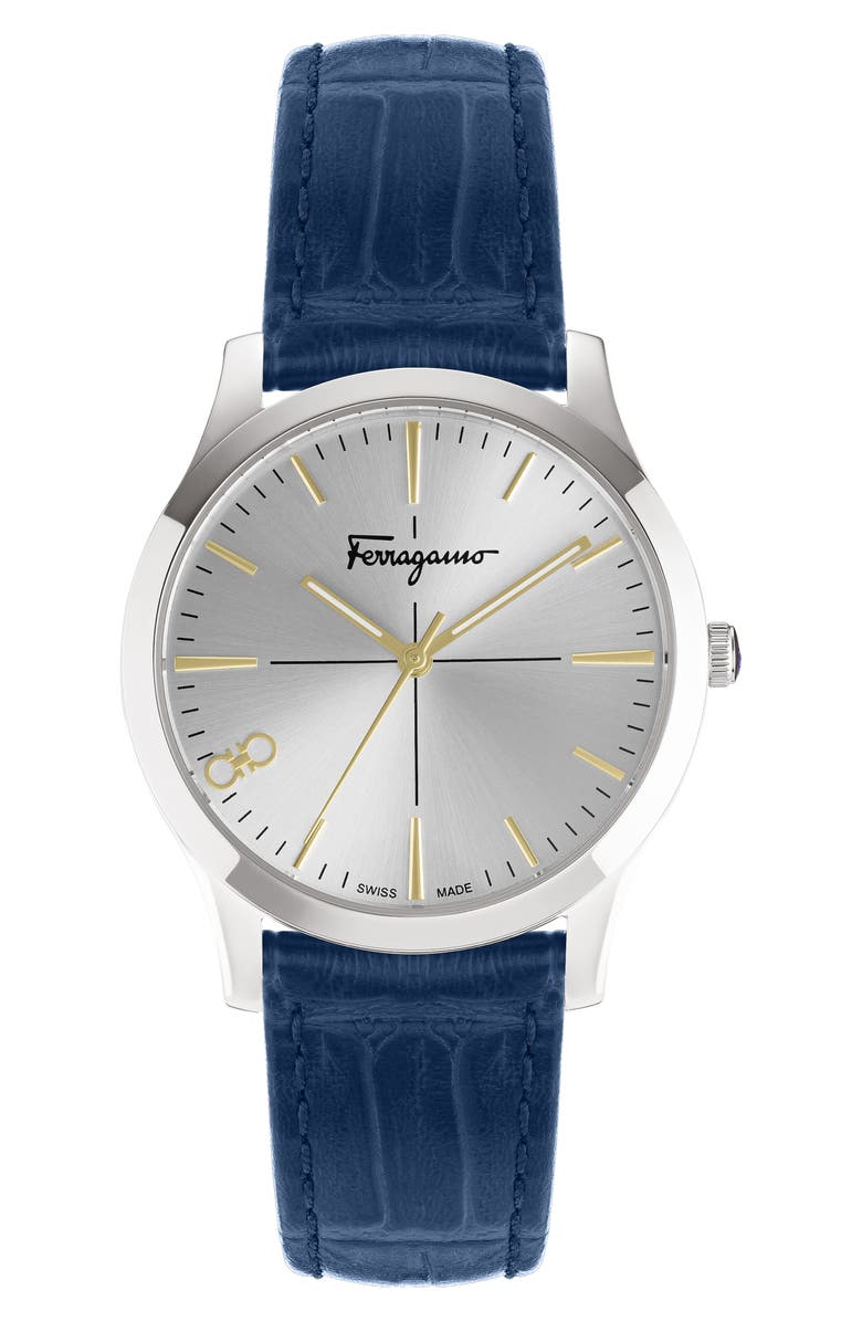 FERRAGAMO Croc-Embossed Leather Strap Watch, 35mm, Main, color,