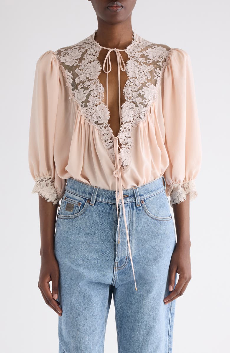 Chloé Lace Trim Silk Top, Main, color, Delicate Pink