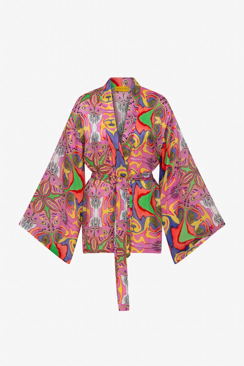 Psychedelic Printed Blushwave Short Caftan, Alternate, color, Pink