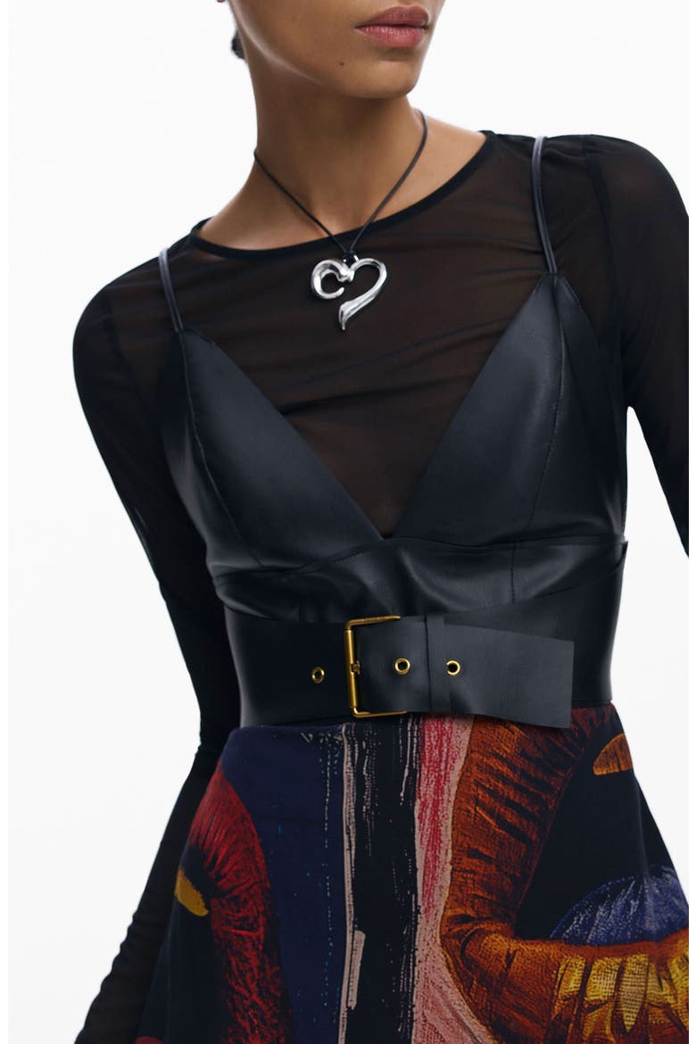 Long Sleeve Mixed Media Faux Leather Bodice Dress, Alternate, color, BLACK