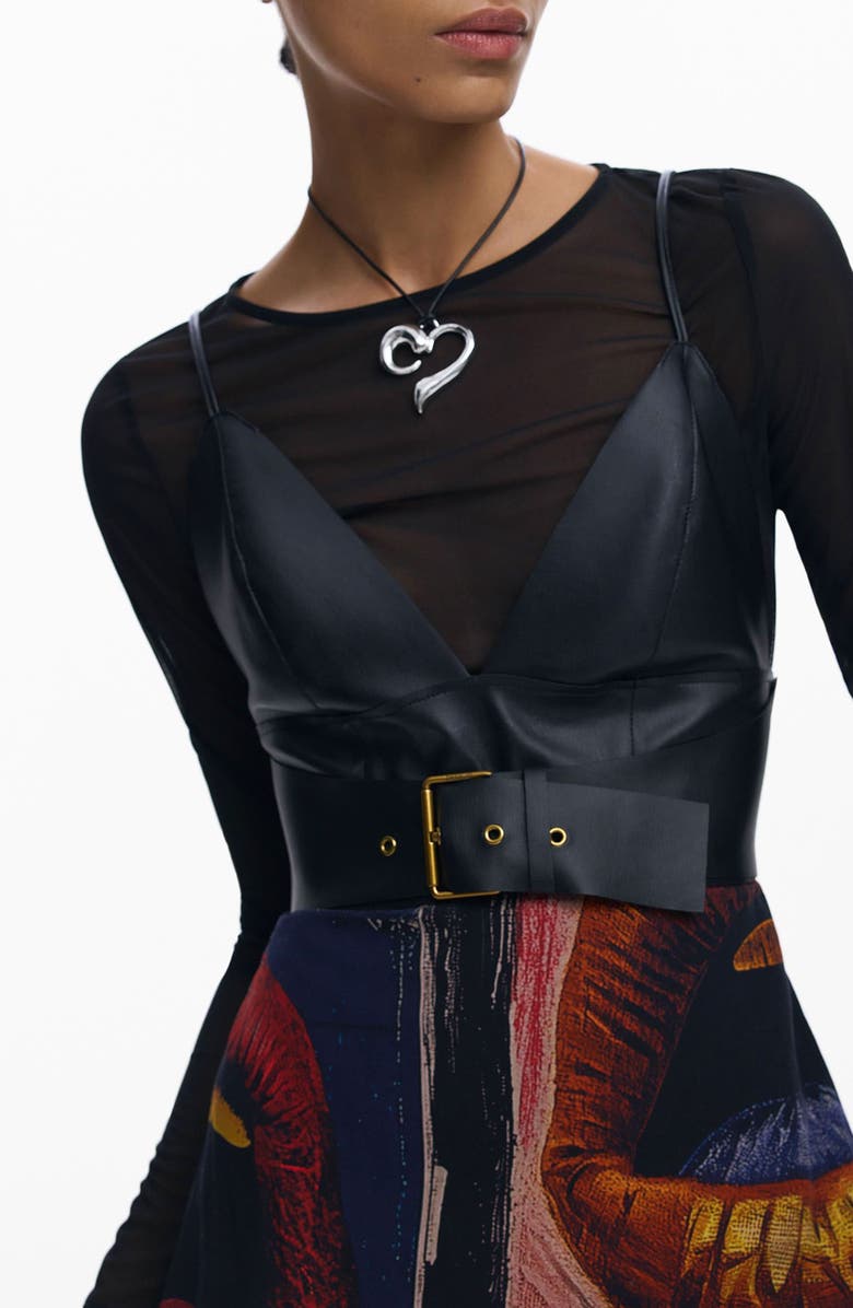 Desigual Long Sleeve Mixed Media Faux Leather Bodice Dress, Alternate, color, Black