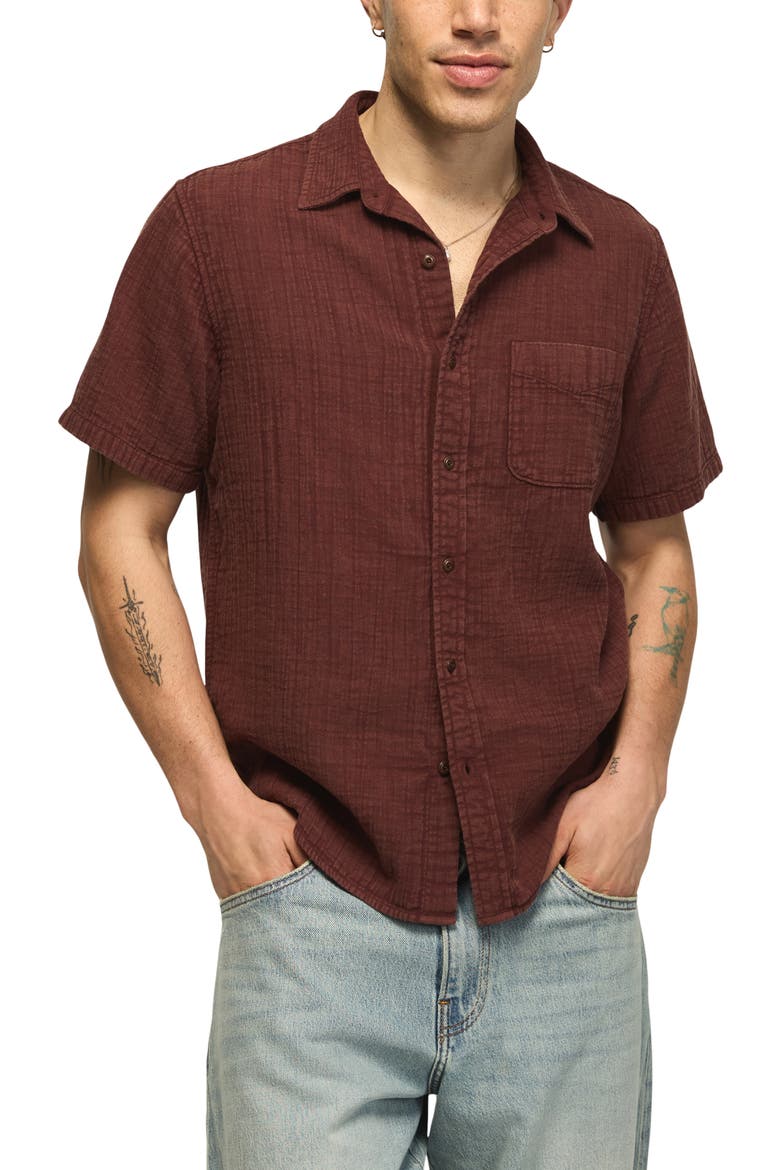Faded Short Sleeve Cotton Gauze Button-Up Shirt, Main, color, BITTER CHOCOLATE