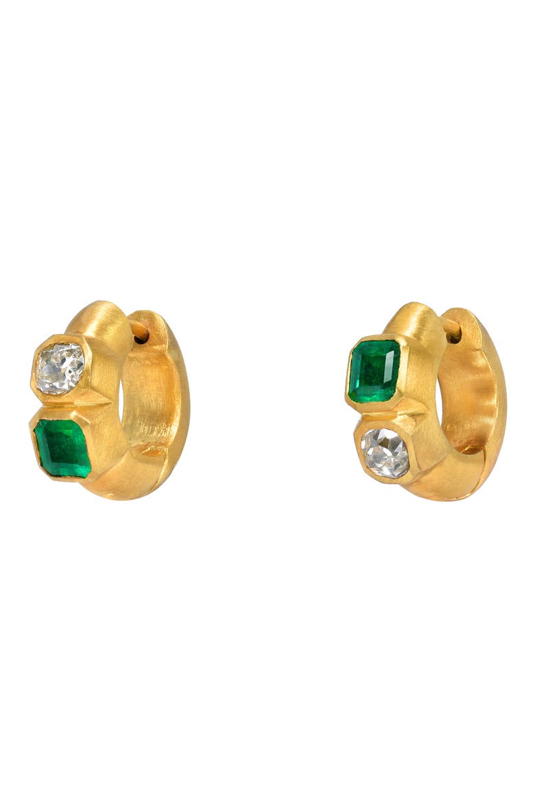 Bezel Set Emerald & Diamond Huggie Hoop Earrings, Main, color, GOLD/ DIAMOND/ EMERALD