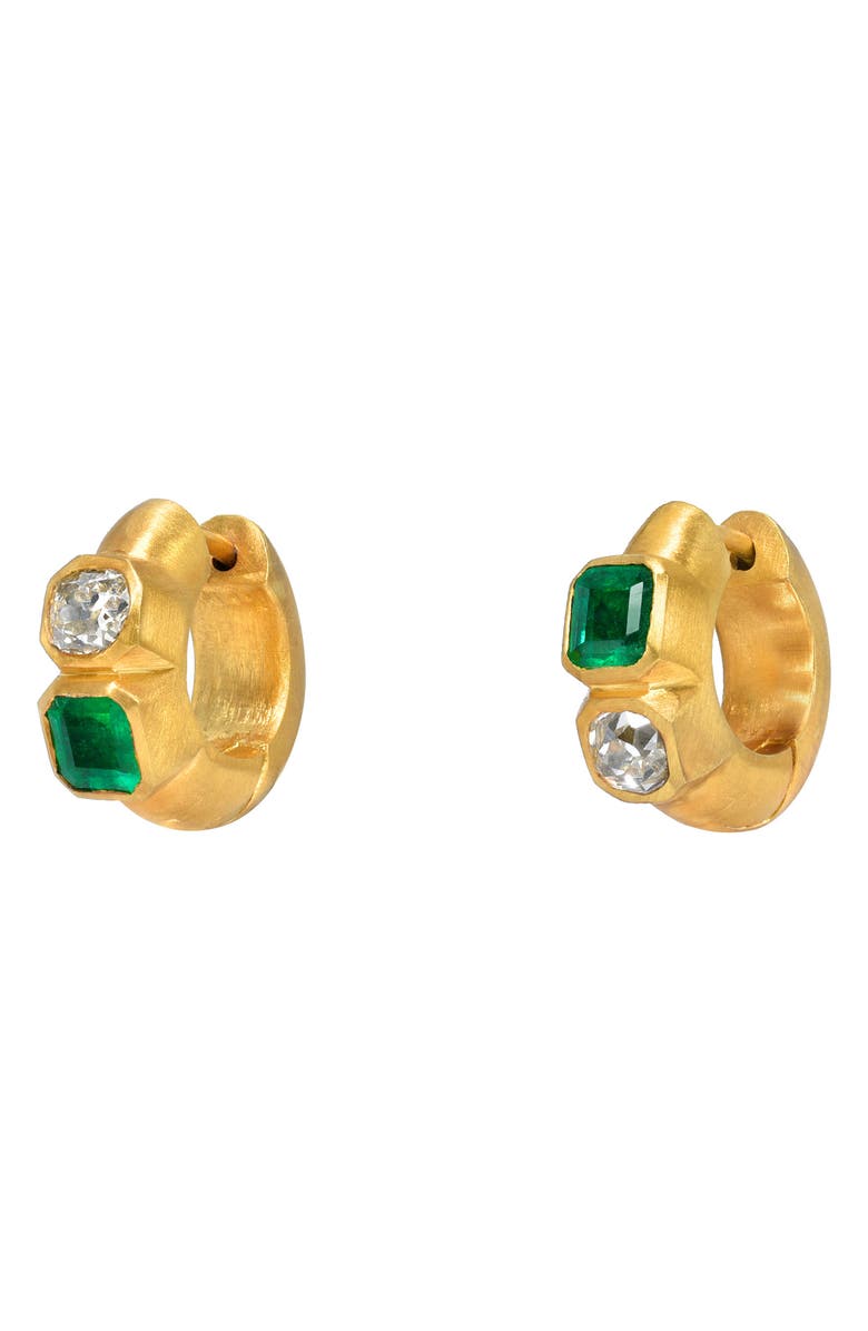 Darius Bezel Set Emerald & Diamond Huggie Hoop Earrings, Main, color, Gold/ Diamond/ Emerald