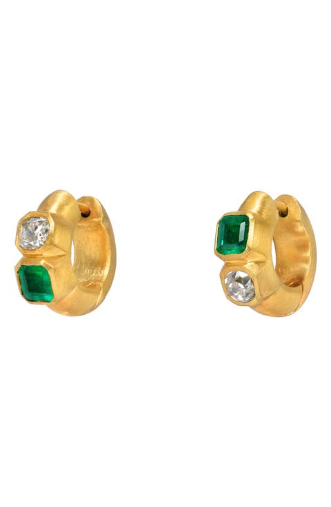 Bezel Set Emerald & Diamond Huggie Hoop Earrings