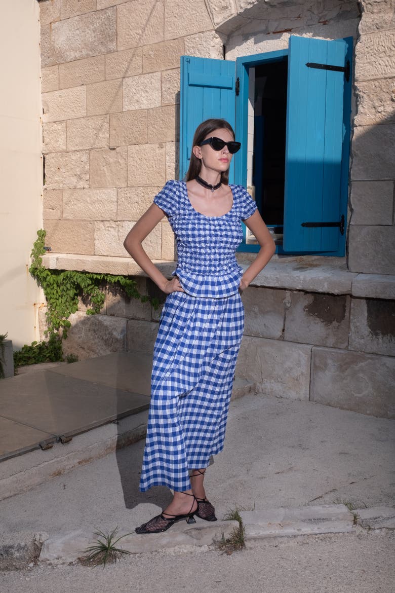 Karem Ruched Cap-Sleeve Plaid Top, Alternate, color, Ios Check