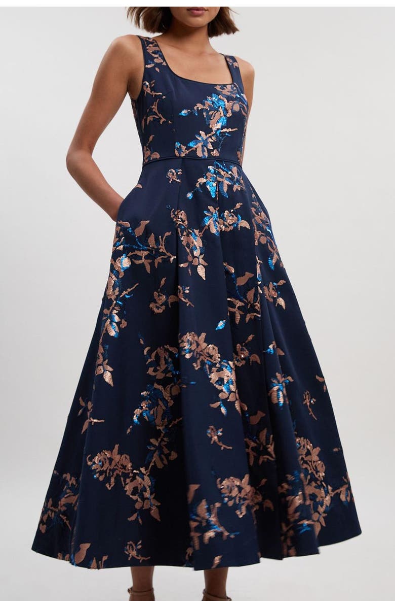 Karen Millen Satin Sequin Prom Dress, Alternate, color, Navy