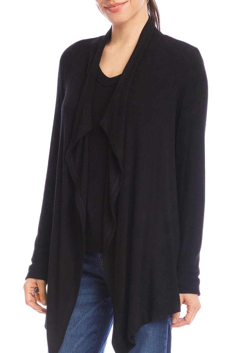 Karen Kane Rib Draped Open Front Cardigan, Alternate, color, Black