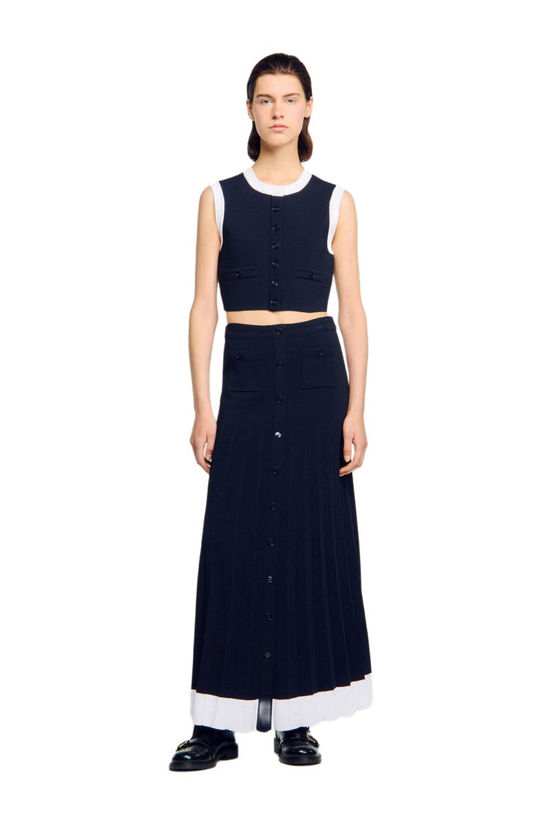SANDRO Long two-tone knit skirt, Alternate, color, Navy Blue