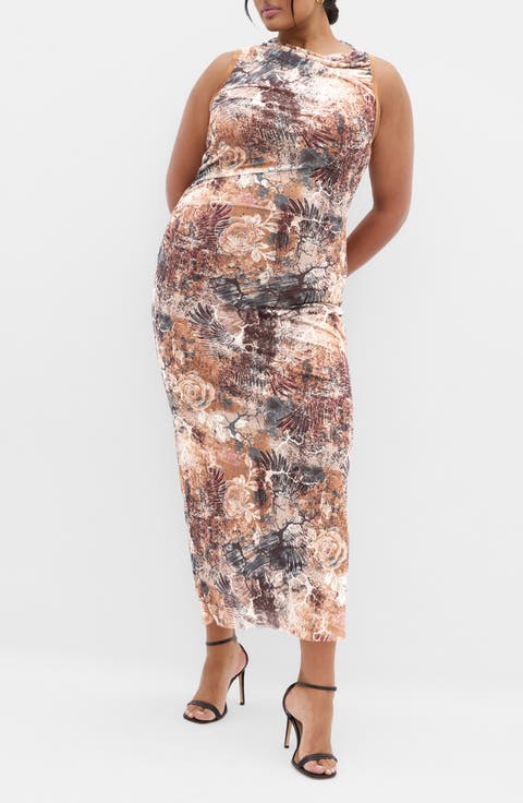 Western Print Mesh Maxi Dress (Plus)
