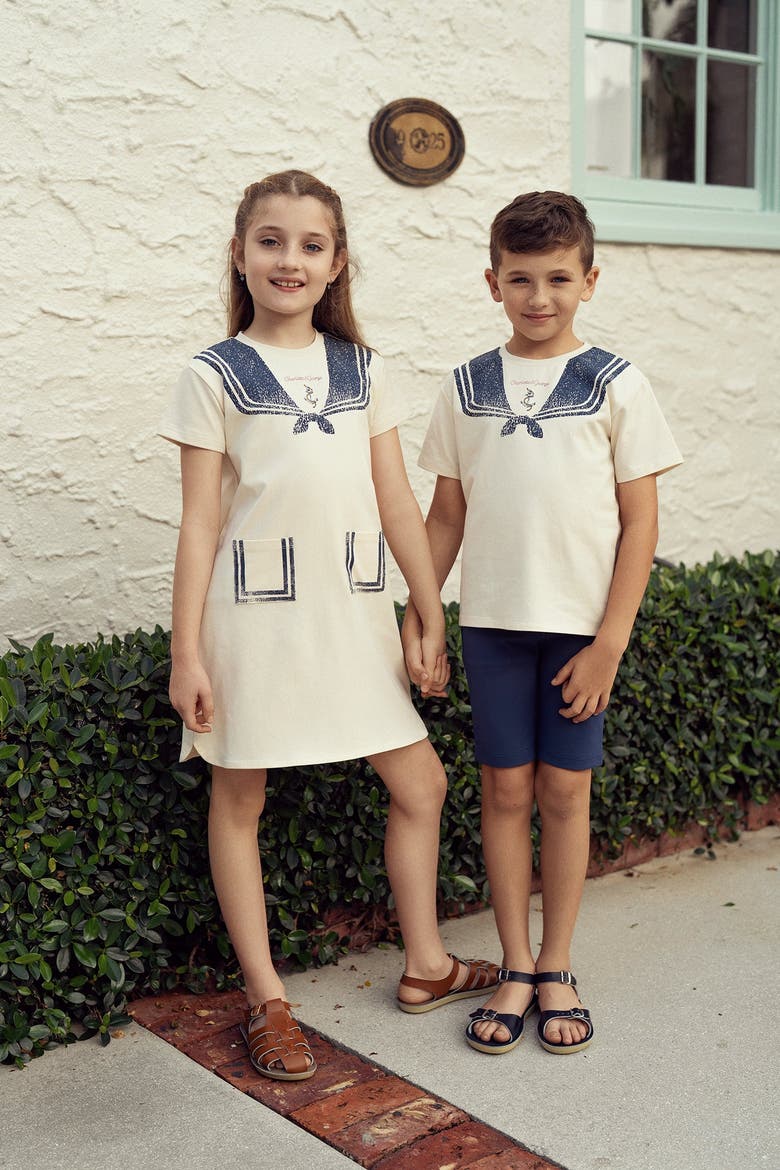 Cotton Spandex Sailor Collar Printed T shirt, Alternate, color, Cream