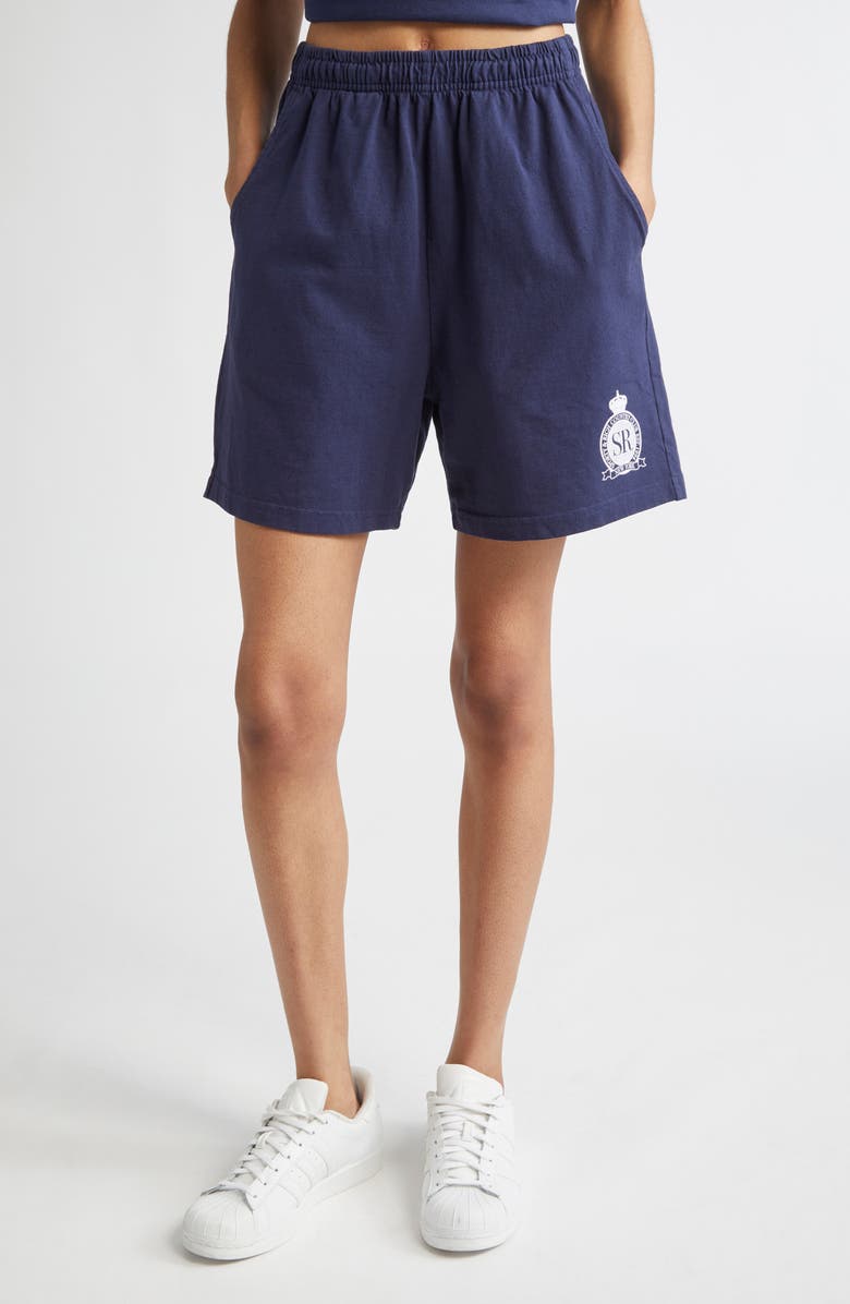 Sporty & Rich Royal Club Graphic Gym Shorts, Main, color, Dark Navy