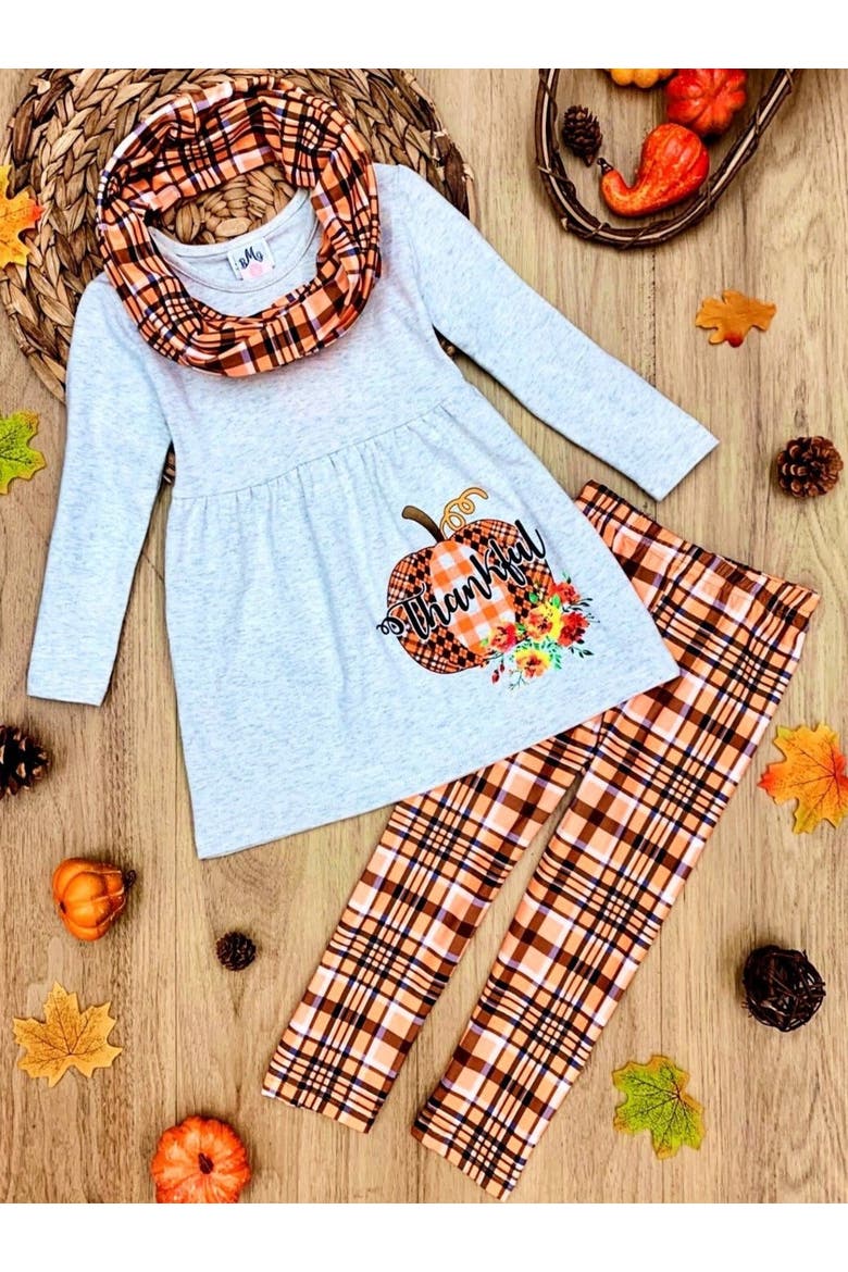 Thankful Pumpkin Tunic, Plaid Leggings And Scarf Set, Alternate, color, Orange