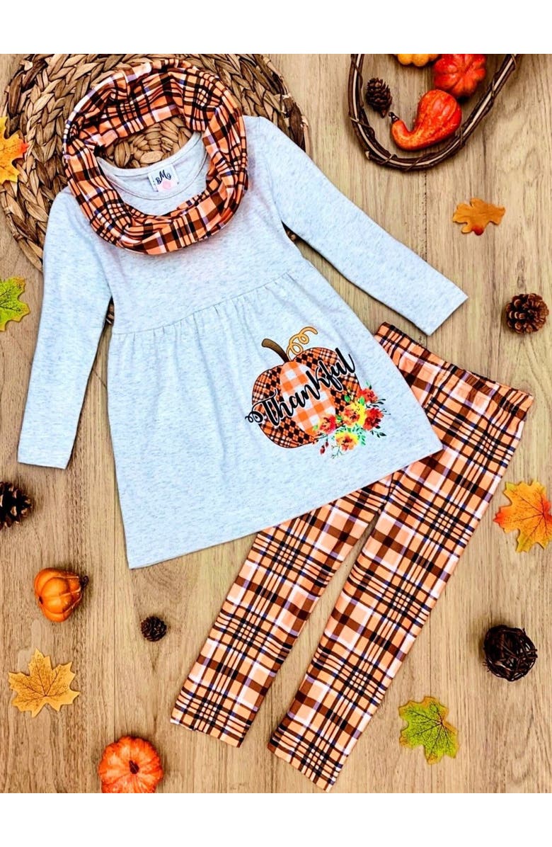 Mia Belle Girls Thankful Pumpkin Tunic, Plaid Leggings And Scarf Set, Alternate, color, Orange