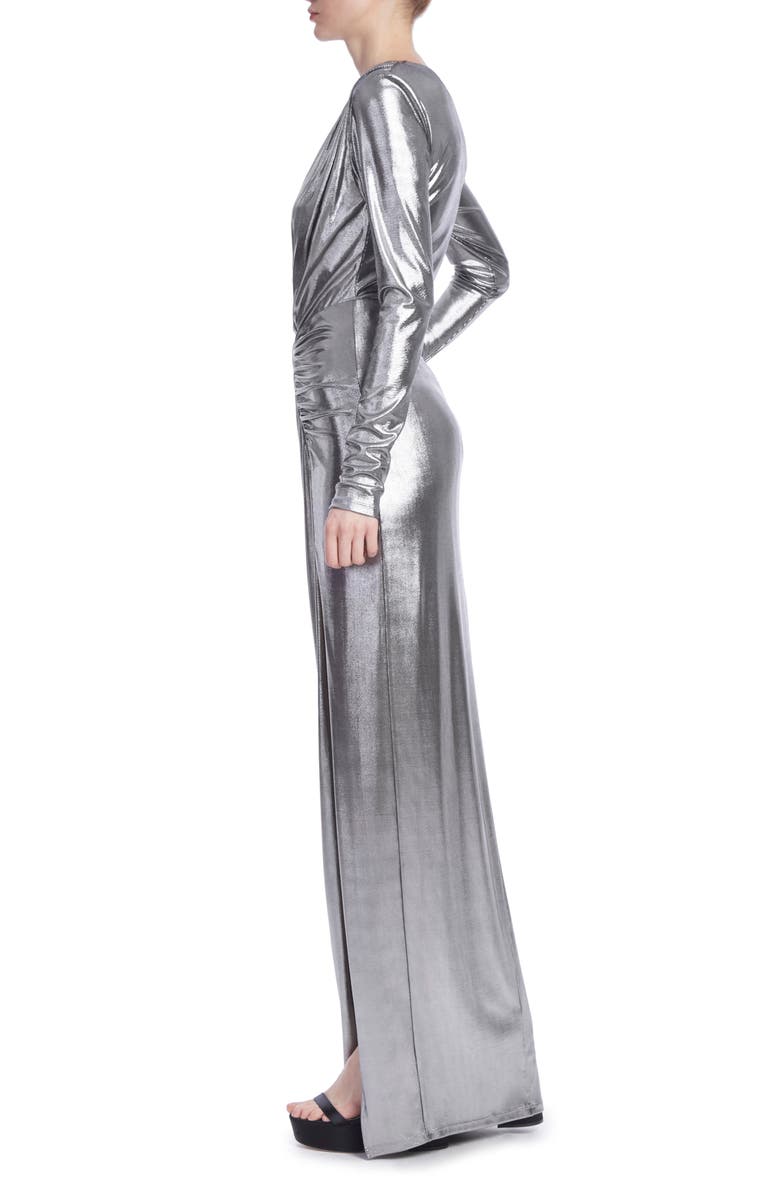 Jewel Badgley Mischka Metallic Long Sleeve Gown, Alternate, color, 
