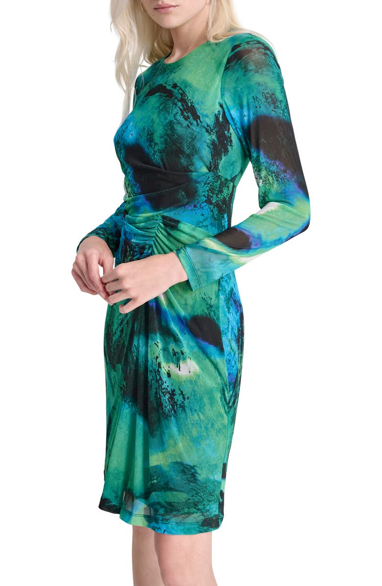 DKNY Ruched Long Sleeve Dress, Alternate, color, Black/ Green