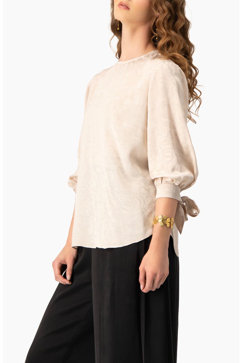 Floral Jacquard Tie-Cuff Blouse with Three-Quarter Sleeve, Alternate, color, Beige