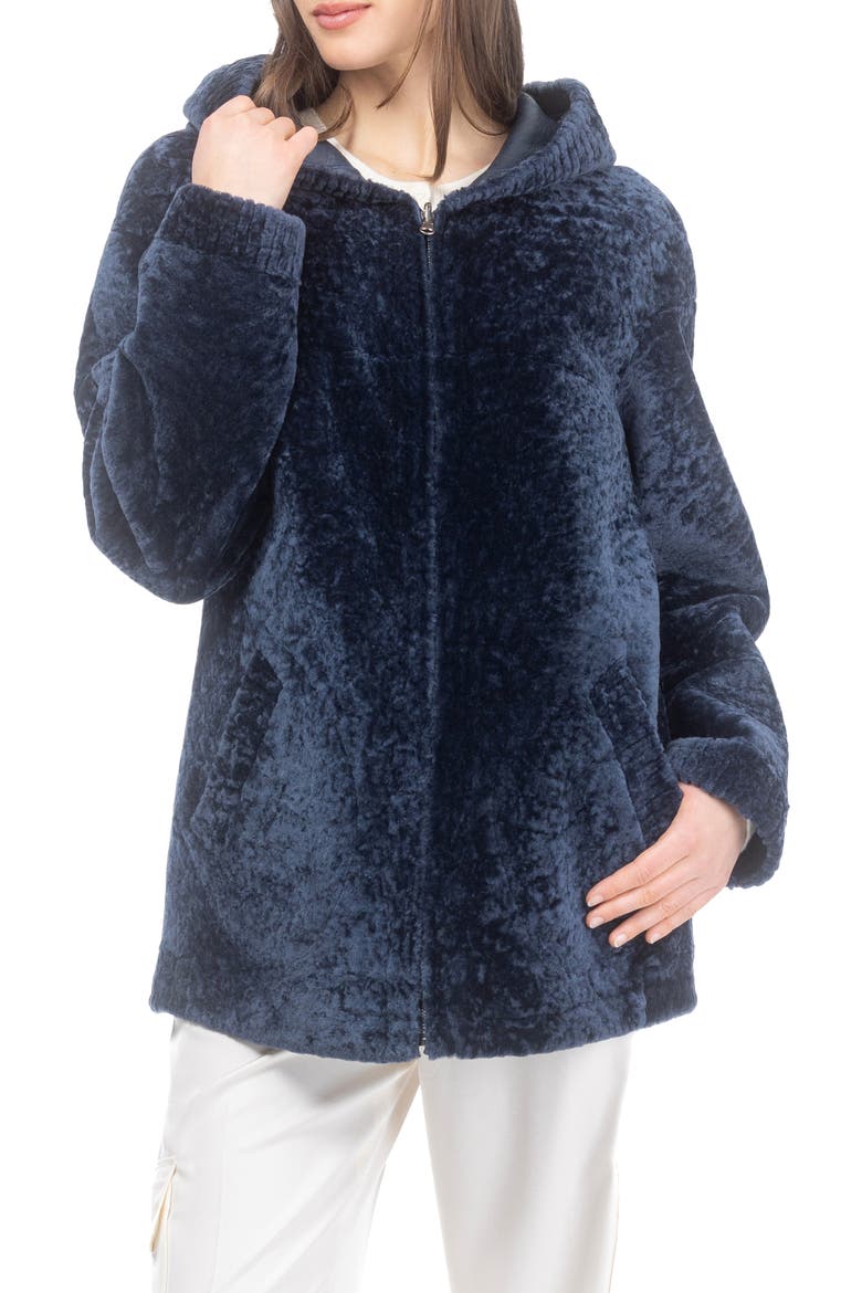 Textured Reversible Genuine Shearling Zip Parka, Alternate, color, NAVY