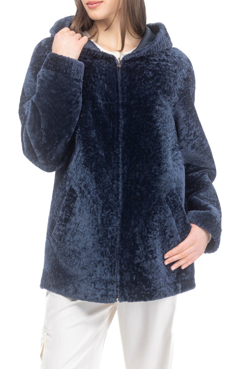 GORSKI Textured Reversible Genuine Shearling Zip Parka, Alternate, color, Navy