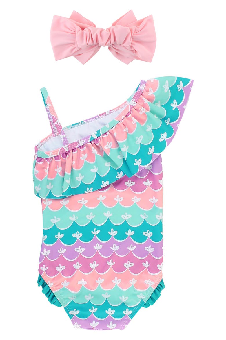 Mermaid One-Shoulder One-Piece Swimsuit & Headband Set, Alternate, color, BLUE