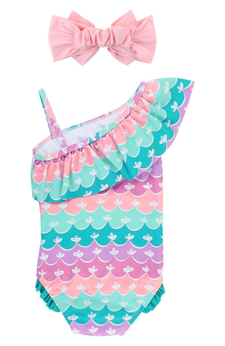 RuffleButts Mermaid One-Shoulder One-Piece Swimsuit & Headband Set, Alternate, color, Blue