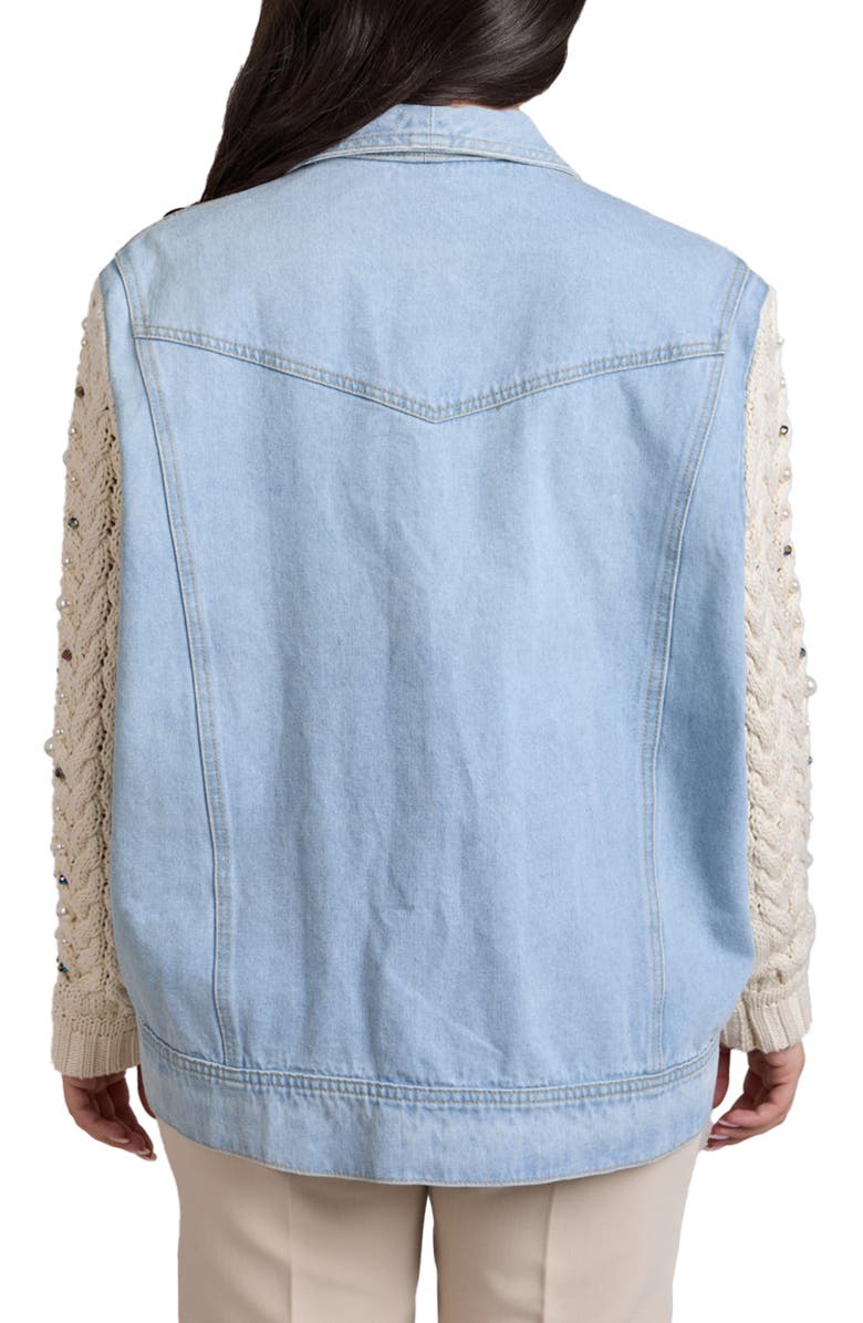 SAACHI Embellished Knit Sleeve Denim Jacket, Alternate, color, Denim
