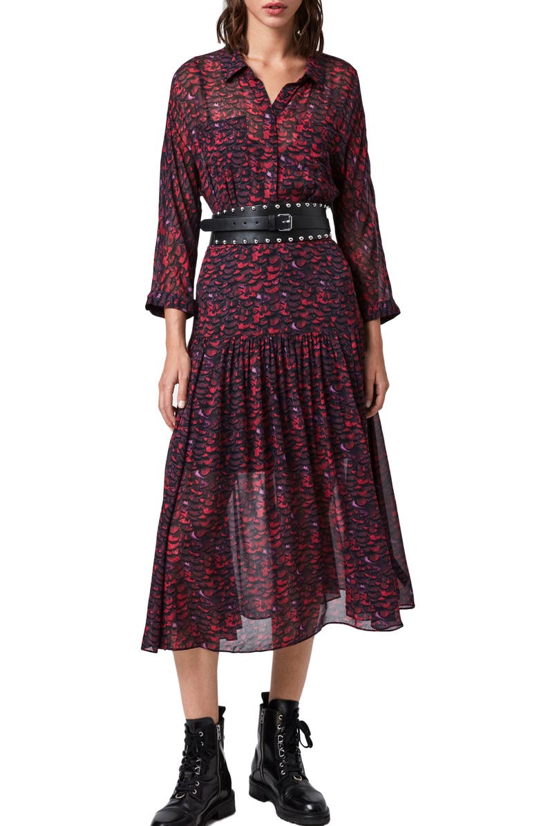 AllSaints Eley Plume Midi Dress, Main, color, 