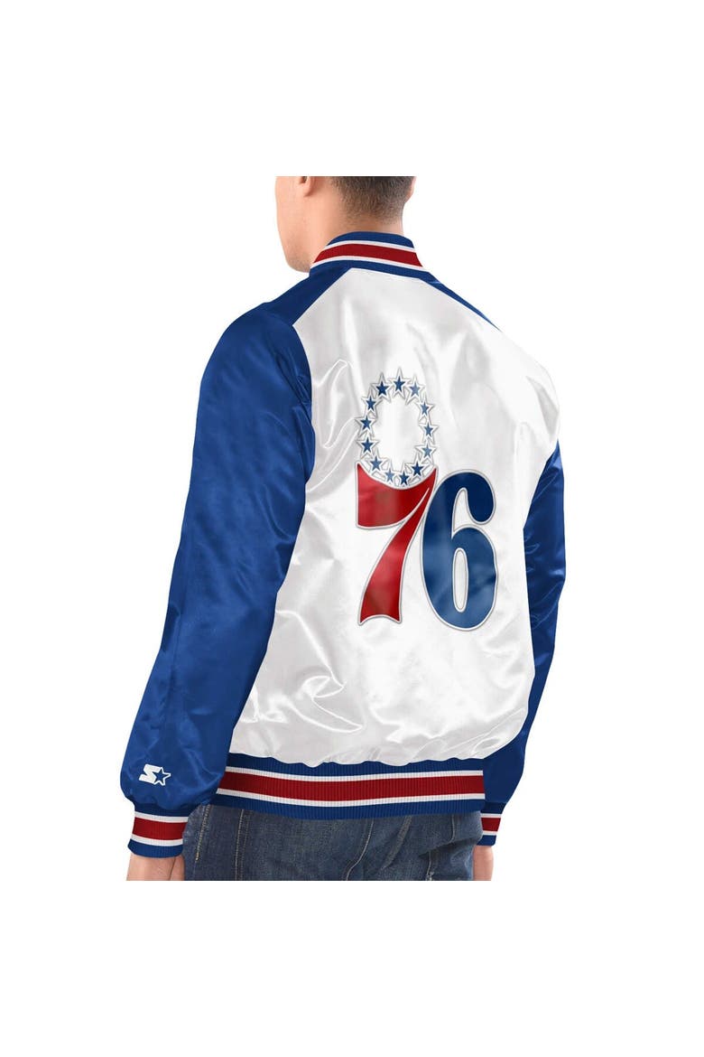Men's Starter White/Royal Philadelphia 76ers Renegade Satin Full-Snap Varsity Jacket, Alternate, color, White