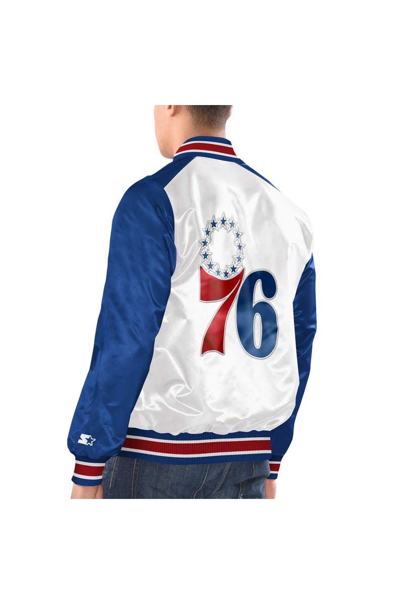 STARTER Men's Starter White/Royal Philadelphia 76ers Renegade Satin Full-Snap Varsity Jacket, Alternate, color, White