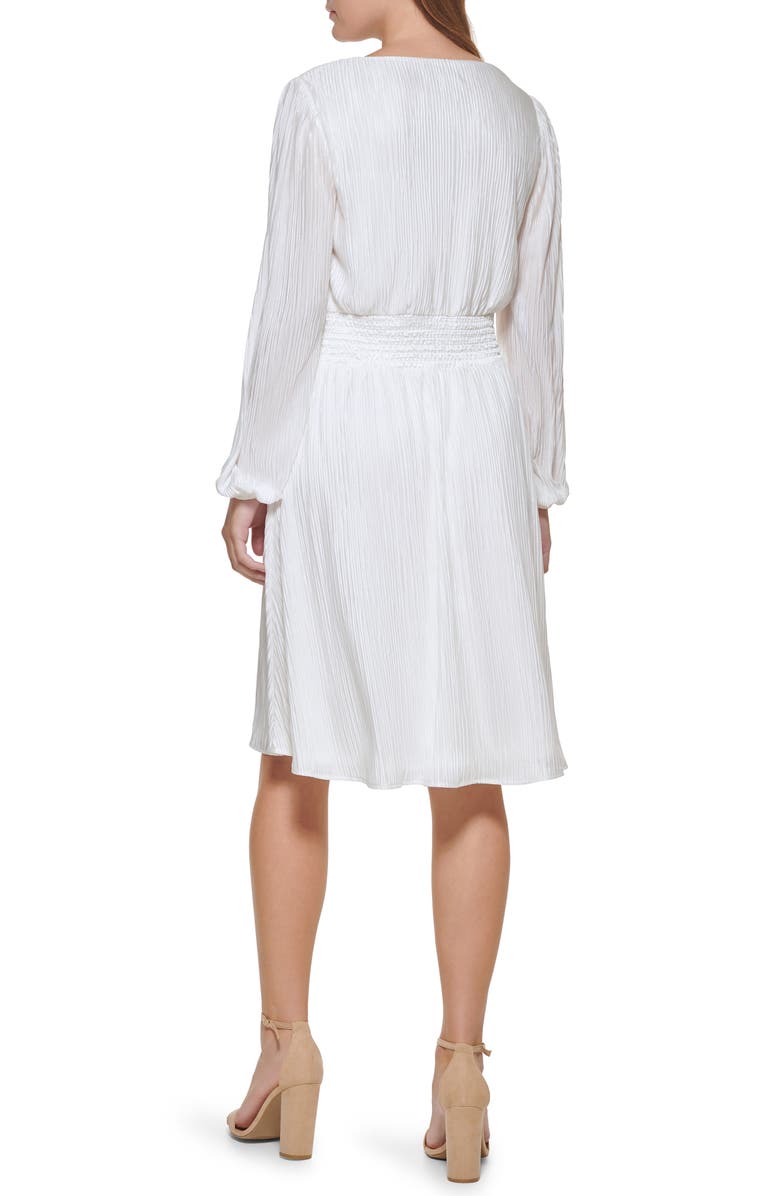 Kensie Pleated V-Neck Long Sleeve A-Line Dress, Alternate, color, Ivory