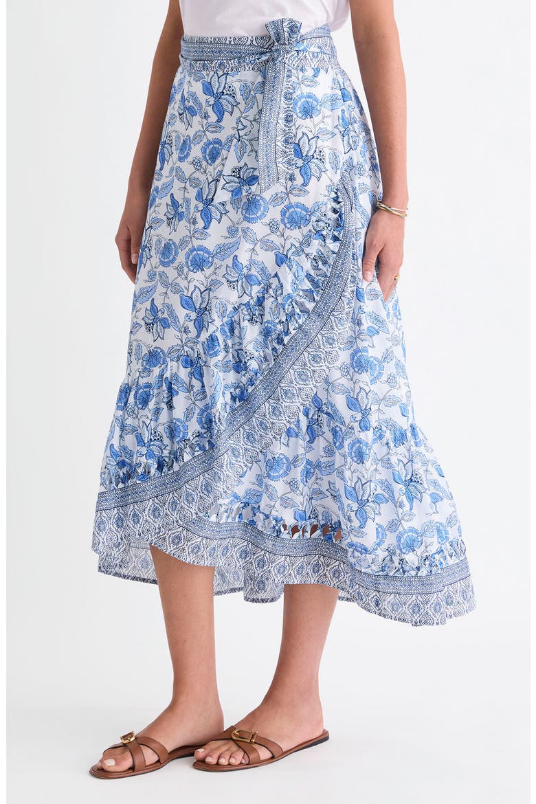 Mila Mixed Print Cotton Faux Wrap Skirt, Main, color, INDIE FLORAL WHITE