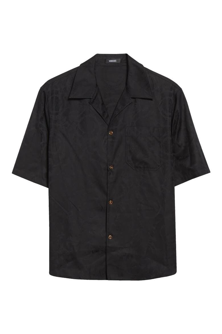 Barocco Jacquard Cotton Poplin Camp Shirt, Alternate, color, BLACK