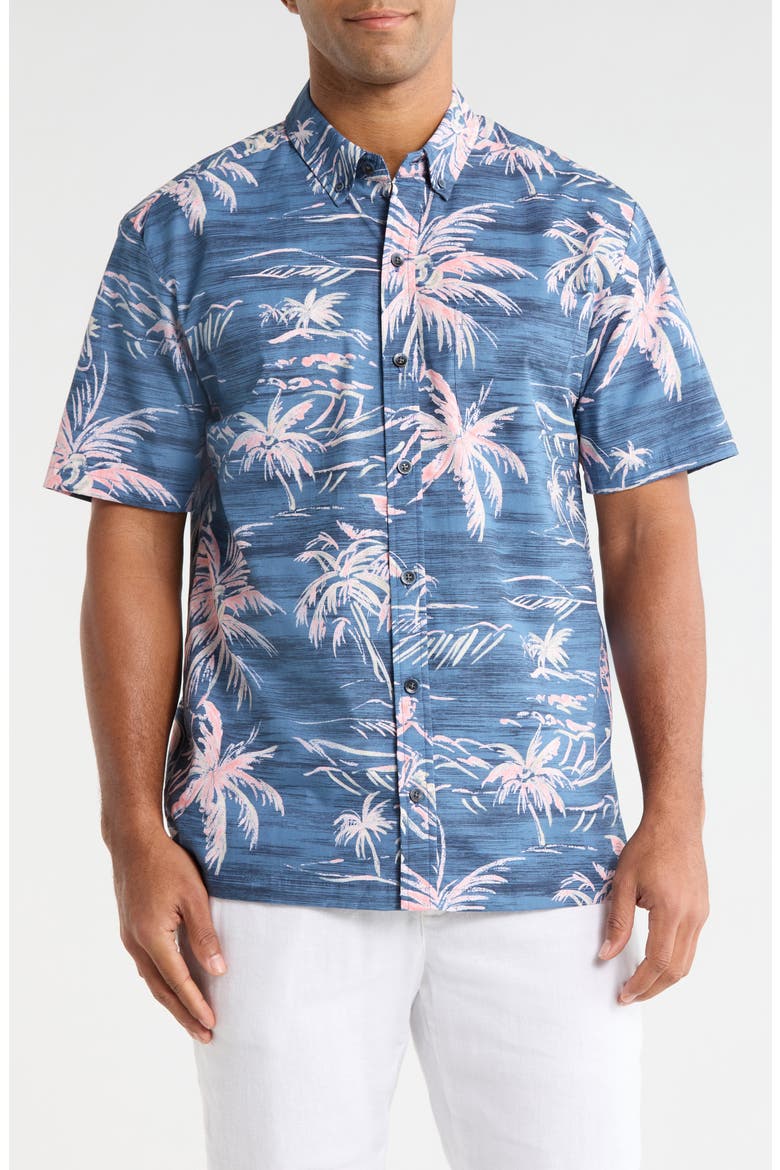 He'e Nalu Print Short Sleeve Cotton Button-Down Shirt, Main, color, DENIM BLUE