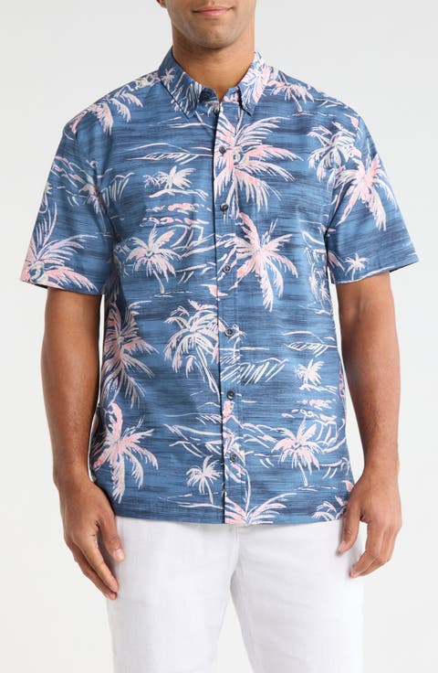 He'e Nalu Print Short Sleeve Cotton Button-Down Shirt