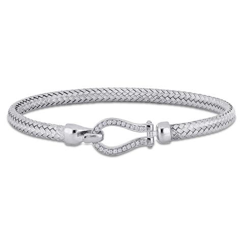 Cubic Zirconia Weave Bangle Bracelet Sterling Silver