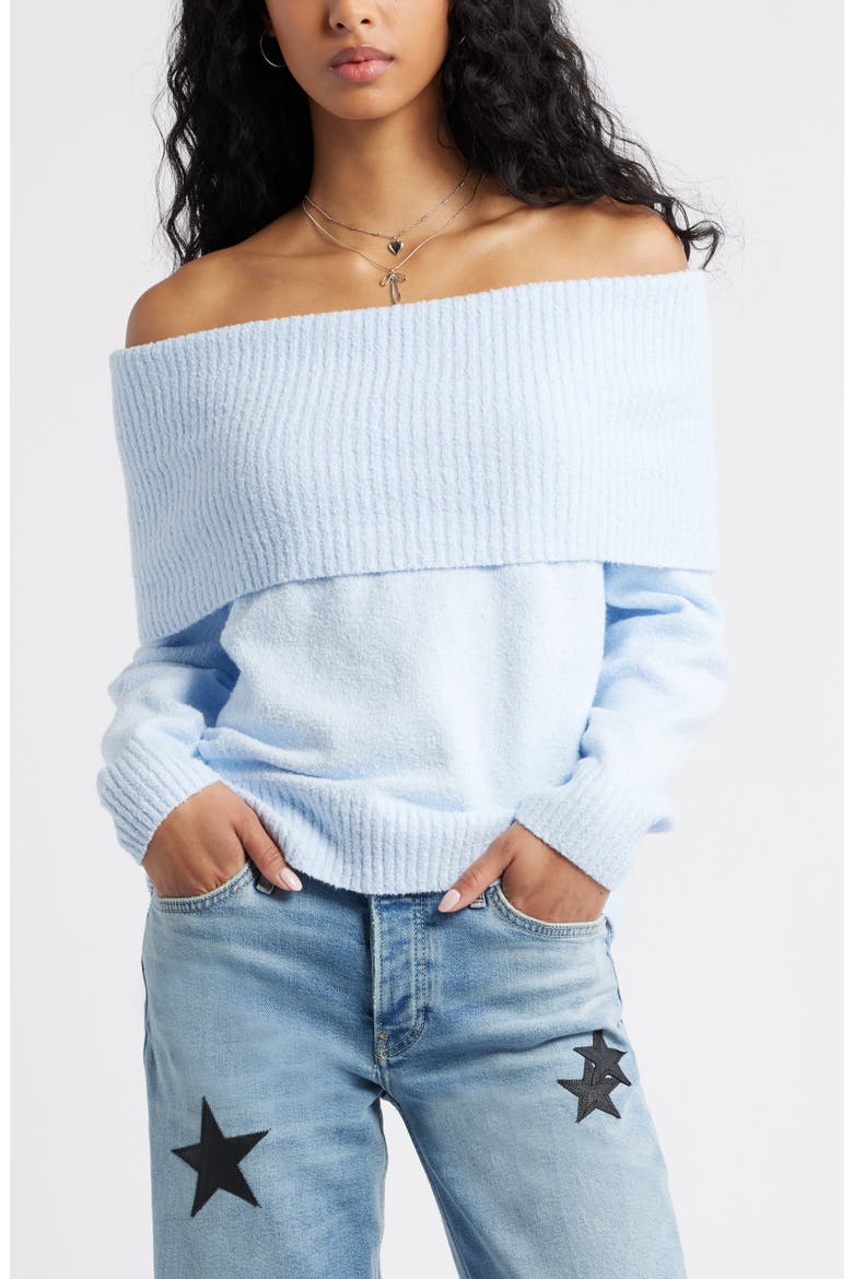 Bouclé Off the Shoulder Sweater, Main, color, BLUE BIRD