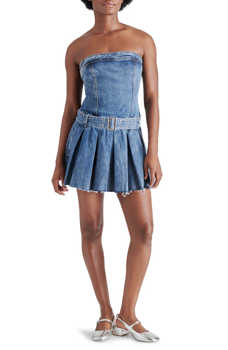 Steve Madden Rowe Strapless Denim Minidress, Main, color, Blue Denim