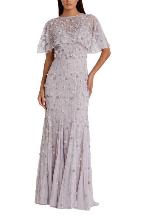 Mac Duggal Embellished Illusion Cape Sleeve Trumpet Gown In Vintage Lilac