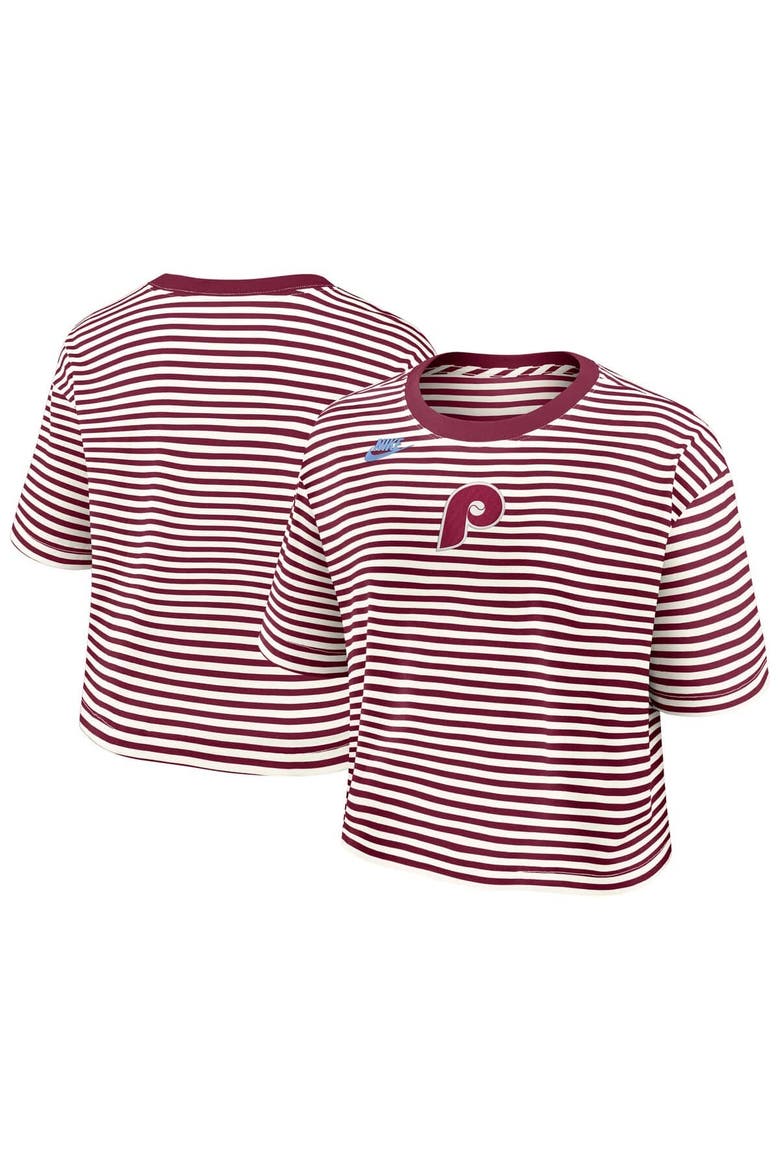Women's Nike Burgundy/Cream Philadelphia Phillies Cooperstown Collection Striped Cropped T-Shirt, Main, color, Burgundy