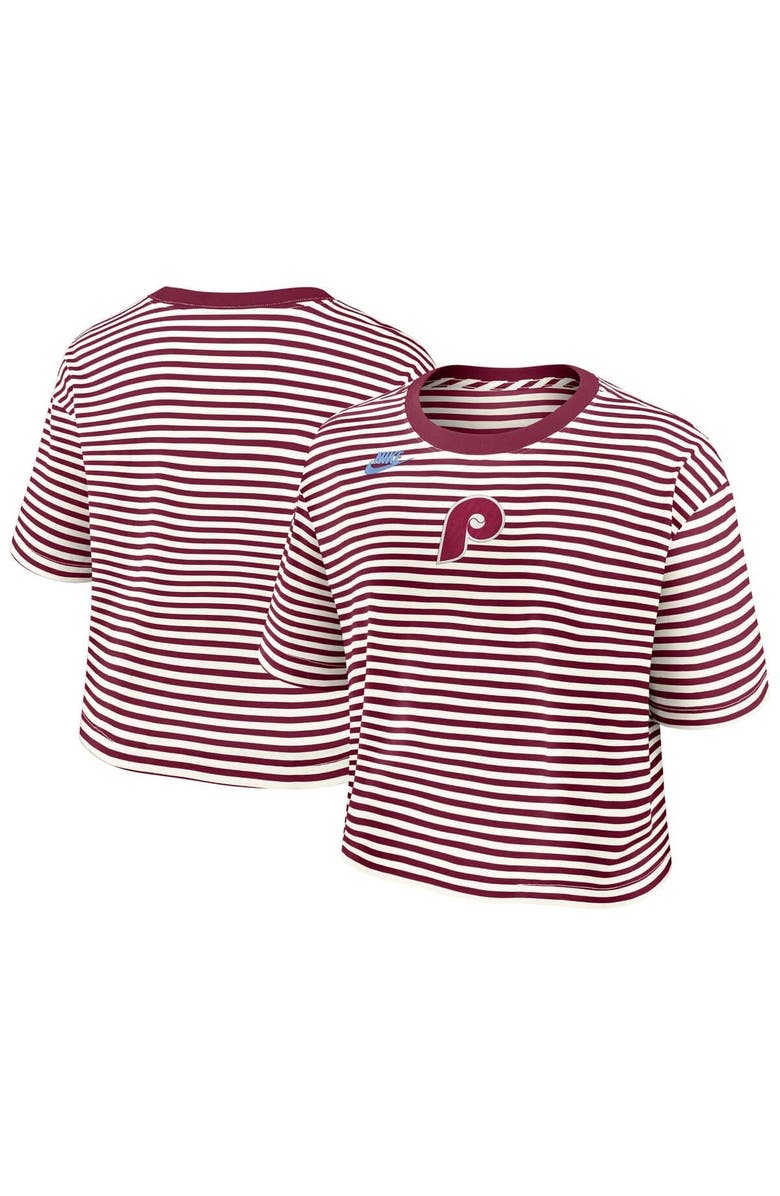 Nike Women's Nike Burgundy/Cream Philadelphia Phillies Cooperstown Collection Striped Cropped T-Shirt, Main, color, Burgundy