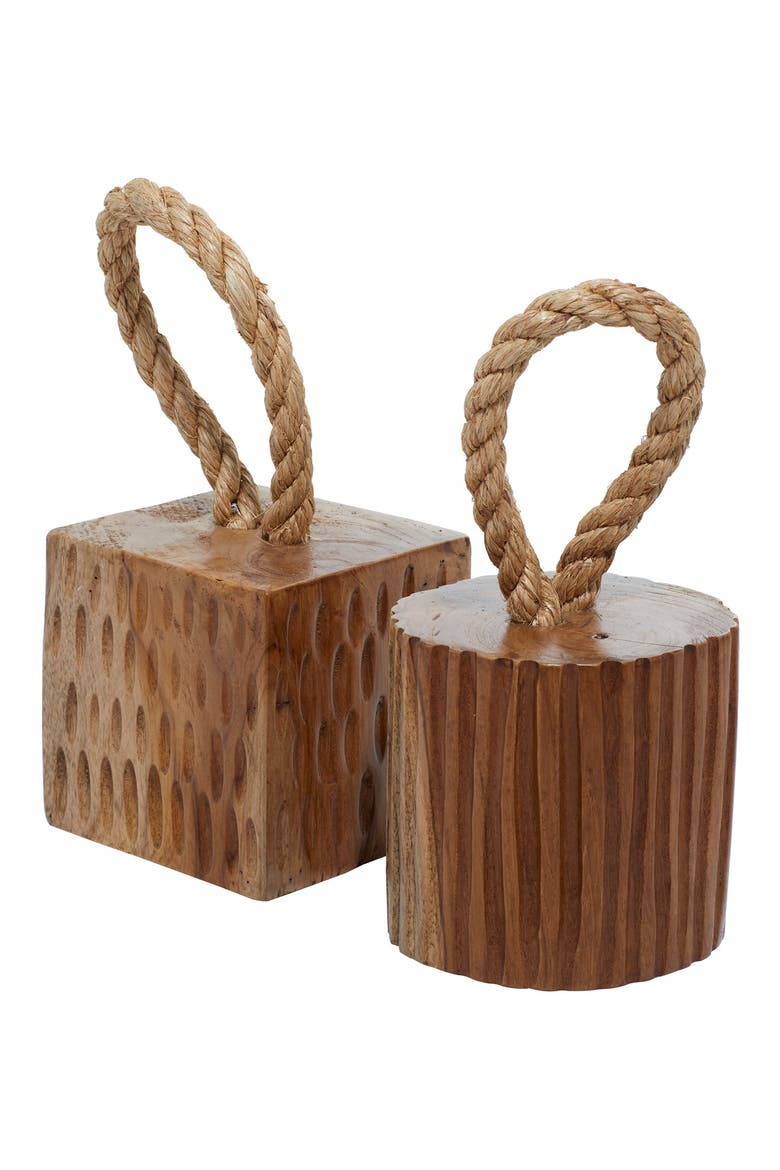 Brown Teakwood Handmade Door Stopper Geometric Sculpture with Rope Accent - Set of 2, Alternate, color, BROWN