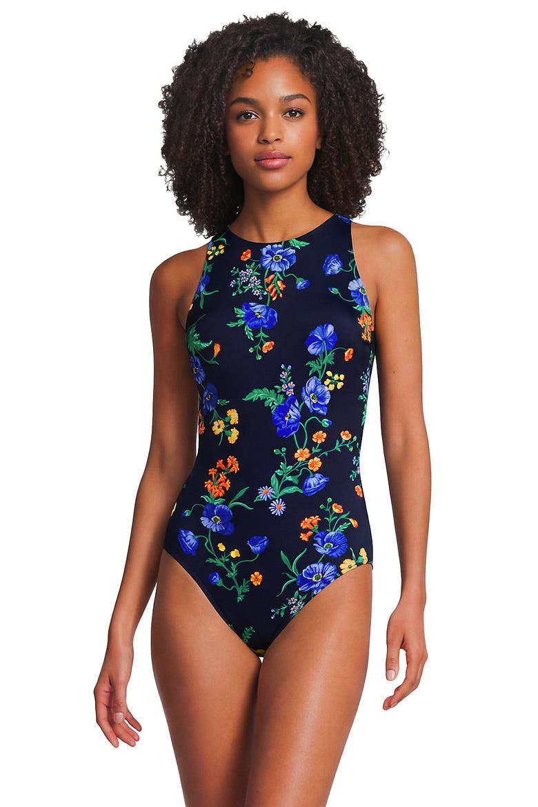 Long Tugless High Neck Portrait Back One Piece Swimsuit, Alternate, color, Navy/Tossed Poppy Floral