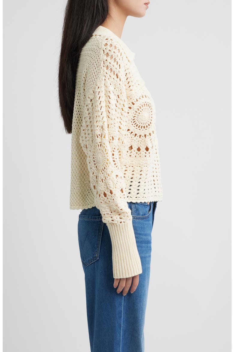 Crochet Cotton Johnny Collar Polo Sweater, Alternate, color, OFF-WHITE