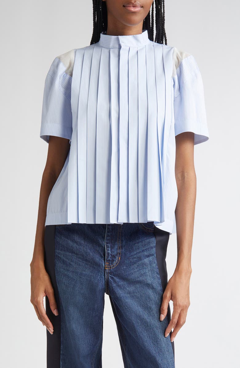 Sacai Pinstripe Pintuck Poplin Short Sleeve Button-Up Shirt, Main, color,