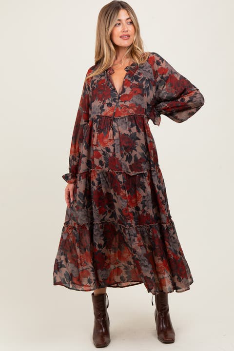 Floral Chiffon Ruffle Tiered Midi Dress
