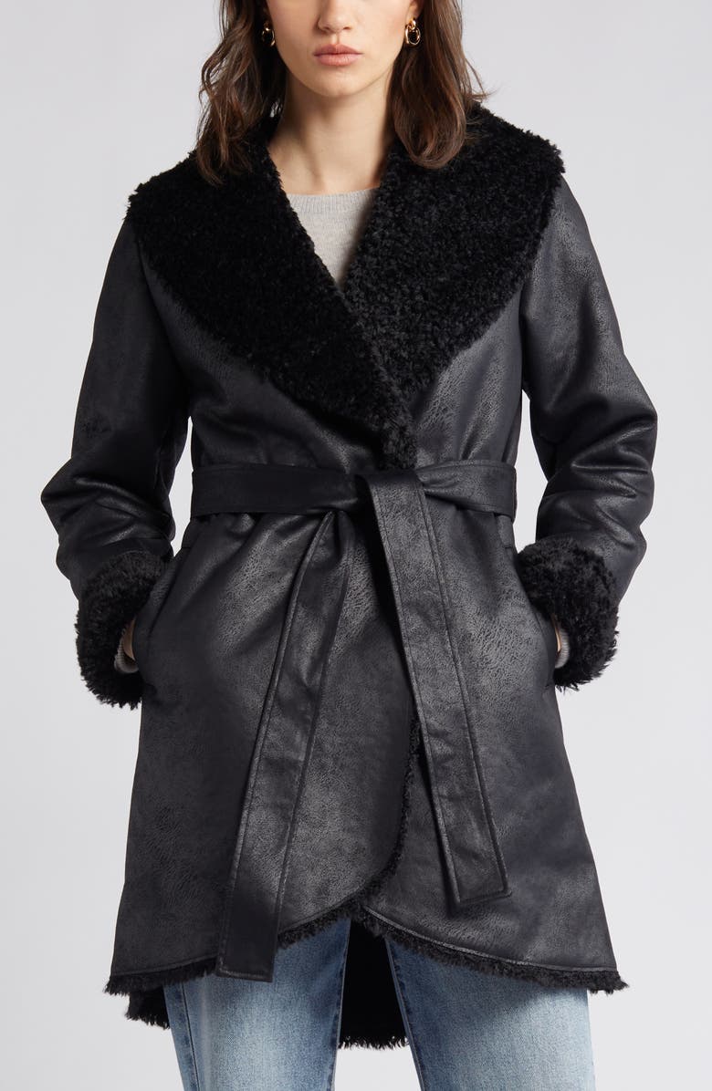 Via Spiga Belted Faux Shearling Coat, Alternate, color, 