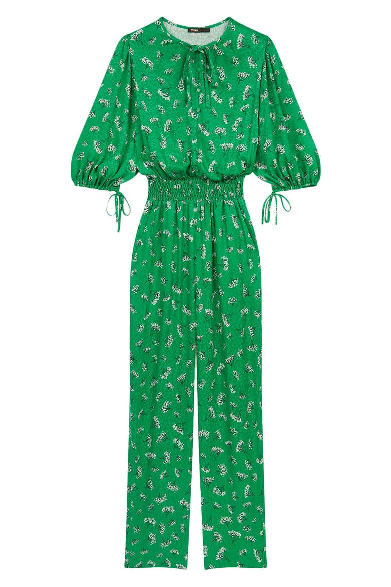 Floral Elbow-Sleeve Woven Jumpsuit, Alternate, color, GREEN/ WHITE